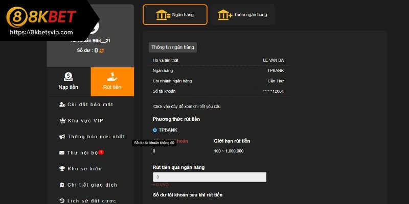 Click vào mục rút tiền tại giao diện 8kbet